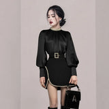 Korean Ladies Light Luxury Design Two Piece Suit Lantern Sleeve Beading Top High Waist Slim Short Skirt