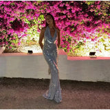 Blue Sequin Halter Cowl Neck Maxi Dress-Outfit
