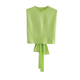 Women Chic Sexy Backless Split Design Knitting Camis Tank Ladies Summer Solid Slim Short T shirt Hem Bow Crop Tops