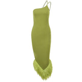 Elegant One Shoulder Feather Bottom Midi Dresses for Women 2023 Spring Summer Sleeveless Bodycon Long Dress
