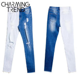 New fashion Autumn Winter Women Pancil Jeans Stretch Hole Splice Plus Size 4XL Female Denim Hight Waist Blue