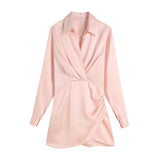 Women Fashion Srping Pleated Soft Touch Wrap Mini Dress Vintage Long Sleeve Side Buttons Female Dresses Vestidos