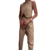 Fongt Summer New Solid Color Round Collar Button Top Temperament Straight Pants Suit Women-Outfit