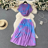 Blooming Printed Skirt Suit Women's New Thread Temperament Half-high Collar Top + Pleated Skirt Two-piece Set-Outfit