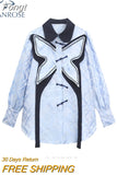 2023 Autumn New Lapel Collar Long Sleeve Blue Blouse Bow Decoration Shirt Women Elegant Ladies Button Up Tide Chic