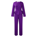 Fongt Set Autumn And Winter New Fashion OL Lotus Leaf Side V Collar Blouse Trousers Two-Set