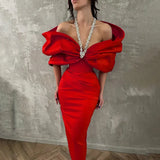 Fashion Temperament Dress Women 2025 Summer New Water Drill Hanging Neck Bow Splicing Design Long Bag Butt
