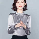 Fongt Spring 2023 New Pressure Pleated Wood Ear Shirt Female Satin Foreign Style Small Shirt Gentle Wind Bubble Sleeve Jacket-Outfit