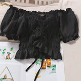 Blusas Mujer De Moda 2023 Off Shoulder Chiffon Blouse Sexy Slim Crop Tops Women Korean Fashion Drawstring Shirts