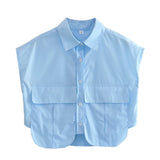 Fongt Color Y2K Women's Big Pocket Splicing Irregular Cardigan Polo Collar Shirt Top A19683