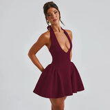 Deep V-Halter Backless A-line Mini Dress-Outfit