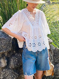 Fongt Embroidery Art White Top Women's Sleeves Holiday Blouse Women's Niche Design Women's Shirt