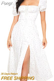Women Slit Dress, Floral Printed Pattern Square Collar Short Sleeve Backless Long Dresses