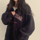 Vintage Embroidery Letter Half Zip Up Hoodie-Outfit