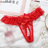 Women Pearl Crotch Open Lace Thong Slim Transparent Lingerie G-String Solid Color Girl Temptation Massage Underwear