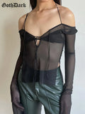Dark Y2k Punk Mesh See Through T-shirts Women Cyber Sexy Summer Halter Tops Lace Up Techwear Black Patchwork Split
