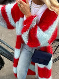 Stripe Long Fuzzy Cardigan-Outfit