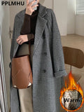 Thicken Long Wool Blend Coats Women Casual Loose Houndstooth Plaid Jackets New Warm Cotton Padded Woolen Korean