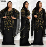 New African Dresses for Women Dashiki Diamond African Clothes Bazin Broder Riche Sexy Slim Ruffle Sleeve Robe Evening Long