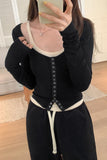 Small Number Of Hot Girls Press Button Low-Collar Retro Cardigan Blouse Women's Autumn New Style Long-Sleeved T-Shirt-Outfit