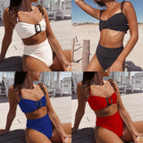 2025 New Pure White Chain Sling Split Swimsuit Women High Waist Pit Strips Brab