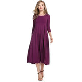Women Round Neck Shirt Half Sleeve Solid Long Skirt Color Wide Hem