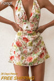 Print Boho Summer Dress Women Sleeveless Halter Short Sundress Party Dress Backless Beach Dress Mini Sexy