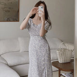 Chic Summer French Elegant Square Collar Full Screen Floral Back Belt Closed Waist Show Thin Bubble Sleeve Dress-Outfit