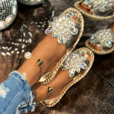 Fongt Temperament Pearl Flowers Wearing Flat-Soled Sandals Women's New Summer With Skirt Fairy Wind Drag