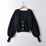Spring New INS Lazy Sweater V-Collar Plush Coat Vintage Bubble Sleeve Sweater Women's Trend-Outfit