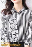 Satin Women's Shirt Chiffon Blouses Women Striped Printed Long Sleeve Ladies Tops Polo Neck Button Up Female Basic