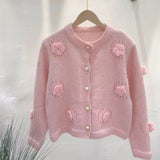Three-Dimensional Rose Round-Neck Knitted Cardigan Autumn And Winter New Loose Lazy Button Sweater Jacket-Outfit