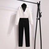 Autumn office ladies long sleeve two pieces set for women fake two-piece patchwork shirt and high waist black pants