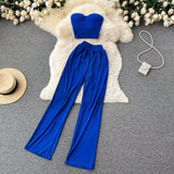 Fongt Strapless Short Top High Waist Casual Loose Wide Leg Pants-Outfit