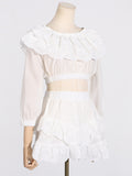 Fongt Spring Fashion New Elegant Lace Lotus Side Shoulder Shirt + Folded Skirt Suit