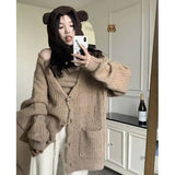 Korean Style White Sweater Cardigan Women Y2K Kawaii Oversize Solid Button Up Jerseys Jumper Jackets Winter Knit