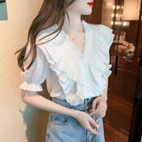 Chiffon Solid Women's Blouse Loose Ruffles Casual Shirt Summer Short Sleeve Top 2022 New Fashion Female Korean Style