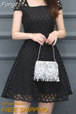 Fashion Square Collar Solid Color Hollow Out Waist Lacing A-line Dresses 2023 New Chic Bow Women Evening Party