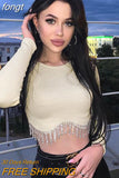 Rhinestone Tassel Long Sleeve Crop Top Solid Round Neck Ribbed Knit Blouses Women Shirts Street Club