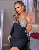 Long One Sleeve Rhinestone Cup Mini Dress-Outfit