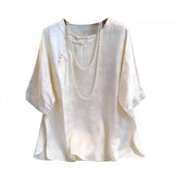 Trend New Chinese Rayon Jacquard Blouse T-Shirt Summer Five-Cent Sleeve Retro Disc Button Loose National Style Blouse-Outfit