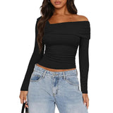 Women Basic Solid Undershirt Slash Off Shoulder Full Sleeve Shirt Shrunk Soft T-Shirt Autumn Versatile Street Daily Top-Outfit