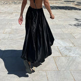 Fongt Fashion Solid Color A-Line Skirt 2023 Summer New Flower Bud Silhouette Satin Hanging Feeling Half Middle Skirt-Outfit