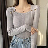 Casual Long Sleeve Top Autumn Winter Knitted Sweater Women Pullover Sweaters Korean Clothes White Slim Button Pull