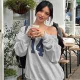 Number Printed One Shoulder Loose Sweatshirt-Outfit