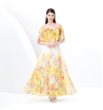 Fongt Spring New Holiday Style Printed Lotus Leaf Dress Women's Shoulder To Show Thin Spuny Chiffon Skirt