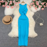 Fongt Sexy Round Neck Kink Solid Color Vest Knit Skirt Front And Back Two Wear Elastic Tight Wrap Hip Dress-Outfit