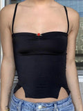 Retro Women Solid Camis Tops Sleeveless Spaghetti Strap Split Hem Ruched Camisole Square Neck Slim Fit Tank Mini Vest-Outfit