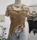 Real Shooting Of The Edge Of The Denim Splicing Tie Dye Mesh Repair Irregular Two Short-Sleeved Top T-Shirt