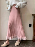 Pleated Patchwork Mid-length A-line Knitted Skirt-Outfit